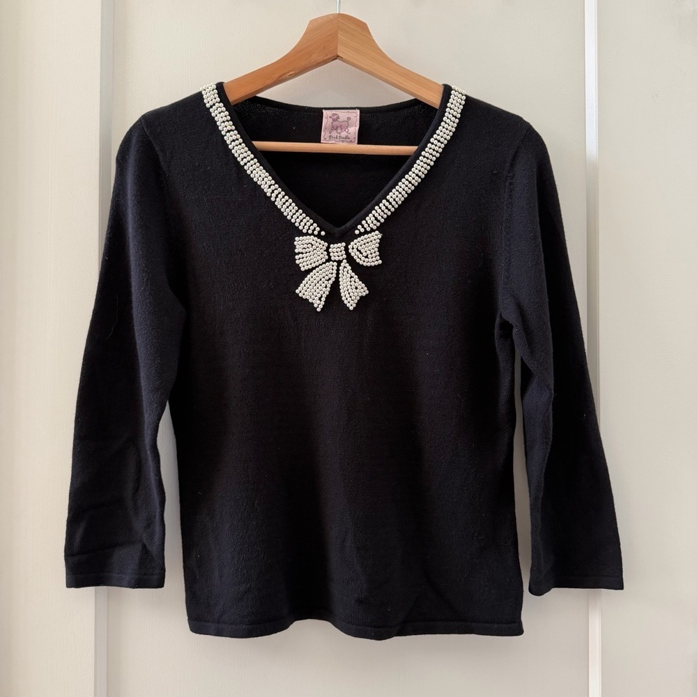 Pink Poodle Woman's Retro Y2K Beaded Pearl Bow V-Neck Black Sweater Top